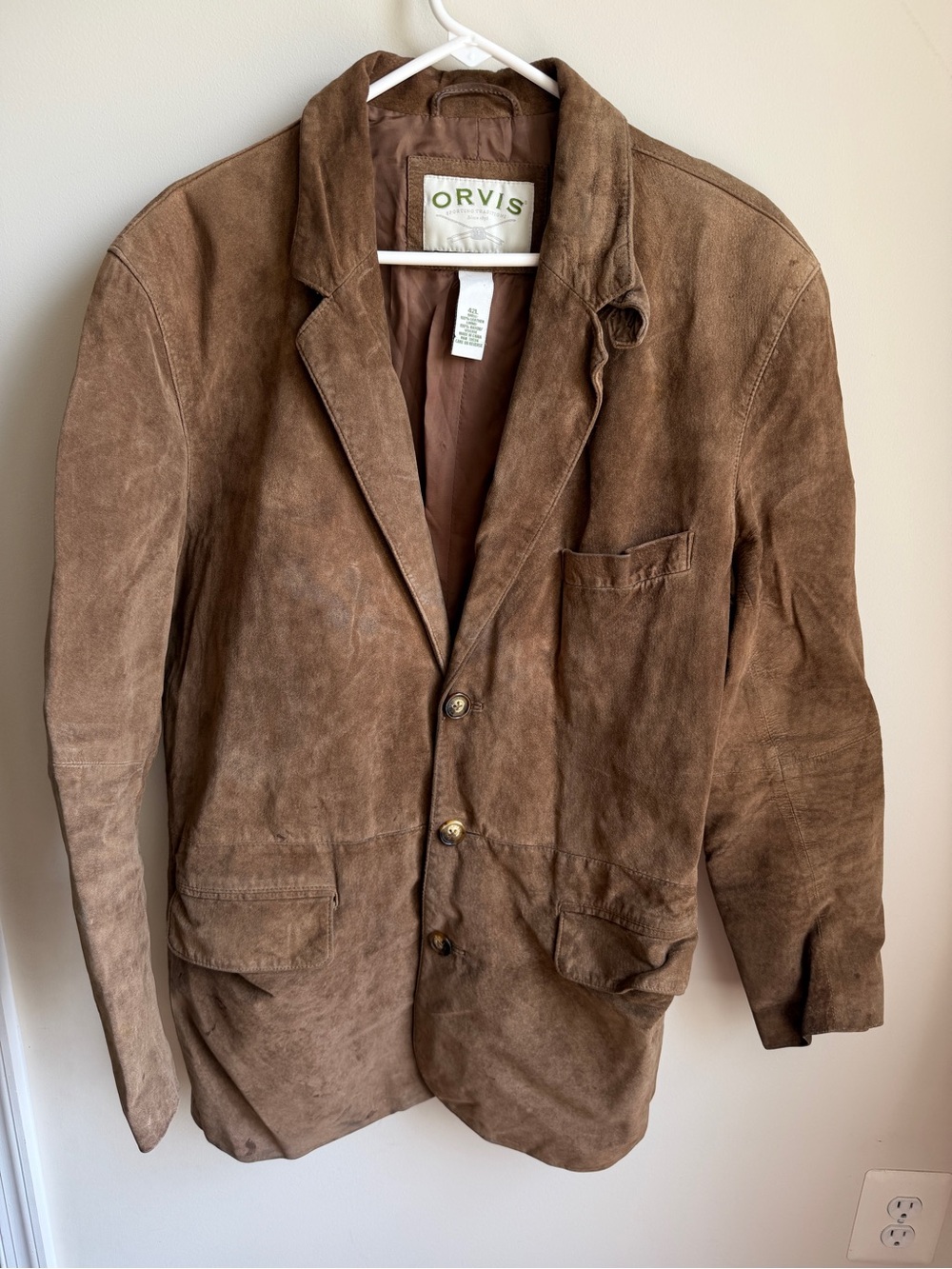 Orvis 42L Leather Suede Blazer Jacket Dark Brown Wear Noted
